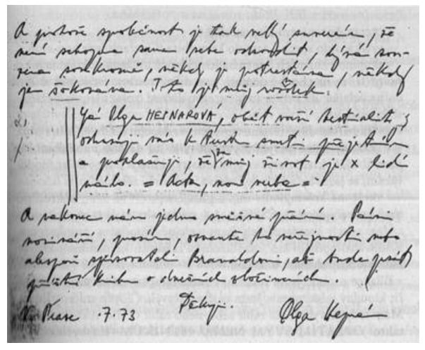 Fragment listu Olgi Hepnarovej