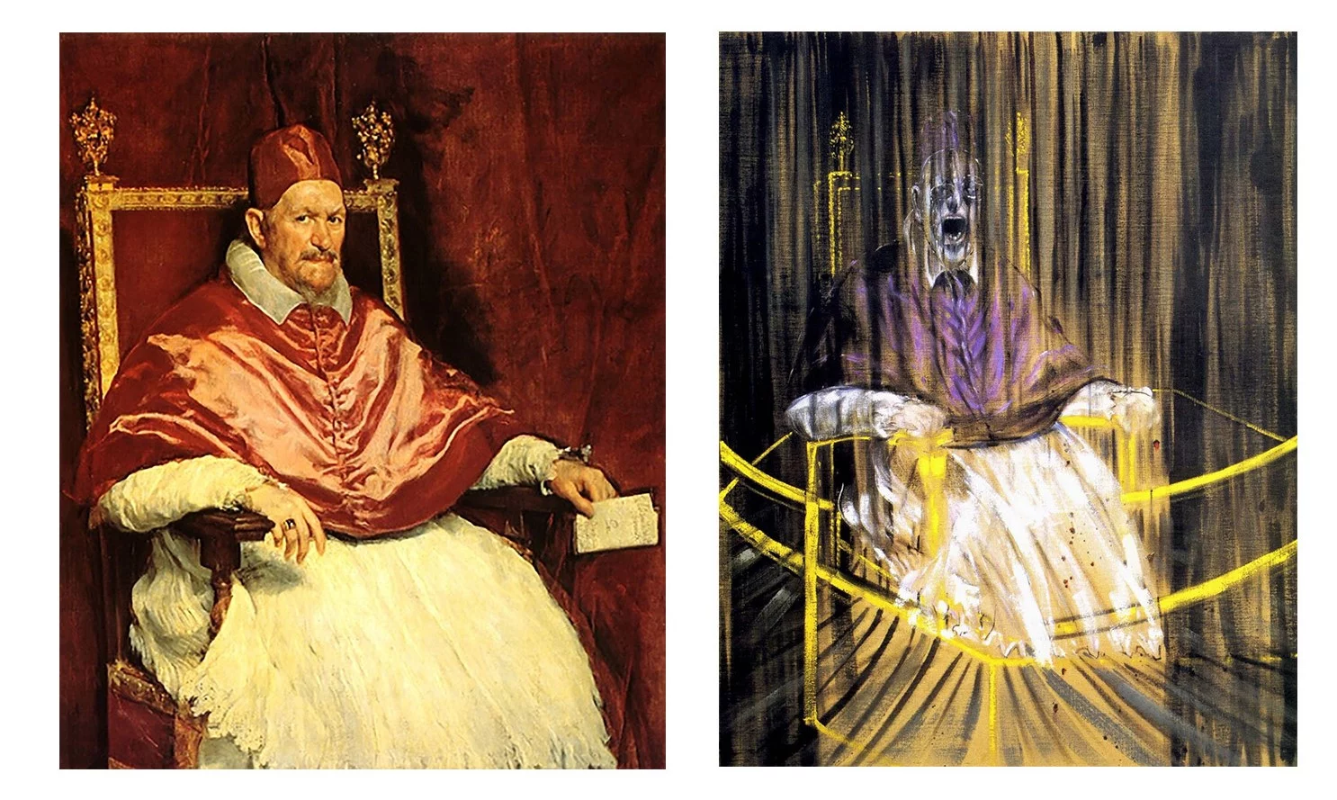 Czym jest utw&oacute;r inspirowany? (na zdjęciu: Innocenty X - Diego Velazwues (po lewej) i Krzyczący Papież - Francis Bacon (po prawej)